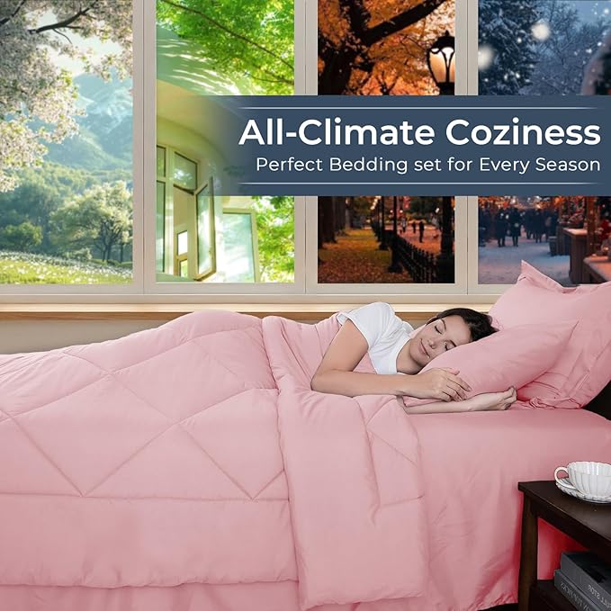 HEVUMYI Pink King Comforter Set - 7-Piece All Season Bed in a Bag King, Ultra Soft Bedding Set with Comforter, Flat Sheet, Fitted Sheet, Pillowcases, Pillow Shams, Pink