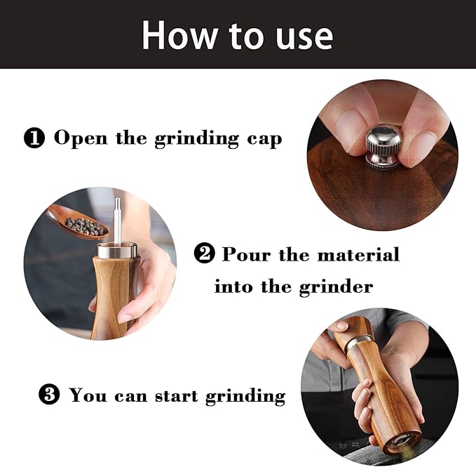 2Pcs Acacia Wood Salt and Pepper Grinding Machine, Durable Ceramic Grinding, Manual Steel Ring Grinding Machine with Adjustable Thickness