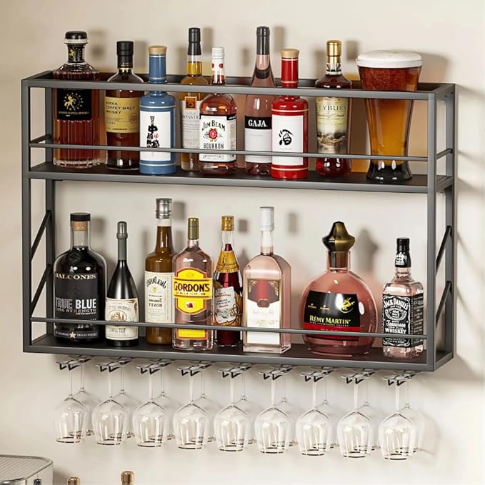 Wall Mounted Wine Rack with Glass Holder, 2-Tier Multi-Functional Shelf for Home, Restaurant, and Bar Storage (39.3?쓂 x 7.8?쒭 x 26?쒱)