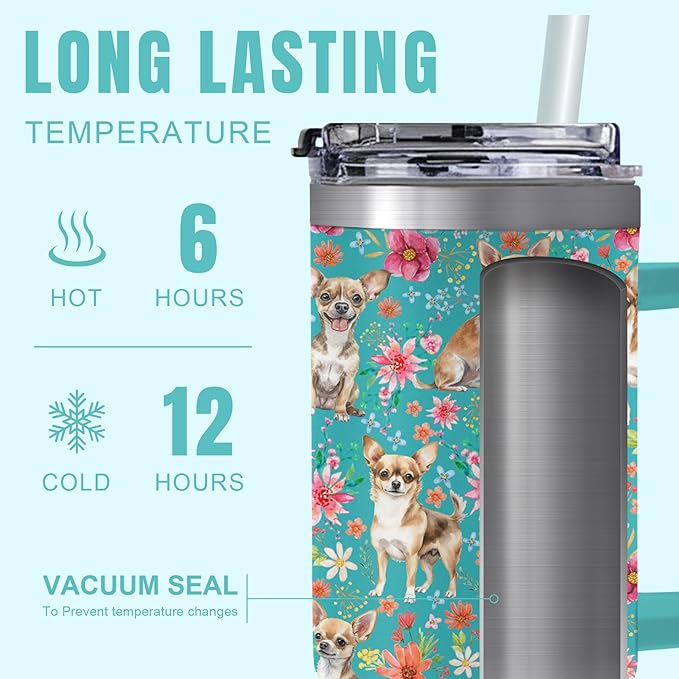 Yogusut Chihuahua Gifts for Women, 40oz Stainless Steel Insulated Tumbler Travel Mug Cup with Handle Straw, Gifts for Dog Mom Dog Lover
