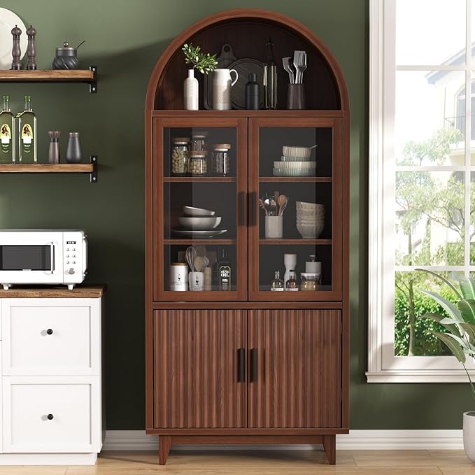 Kitchen Pantry Cabinet with Glass Doors - Arched Design, Solid Wood Legs, Artistic Fluted Door, Adjustable Shelves, 70.8" Curved Storage Cabinet for Kitchen, Dining Room