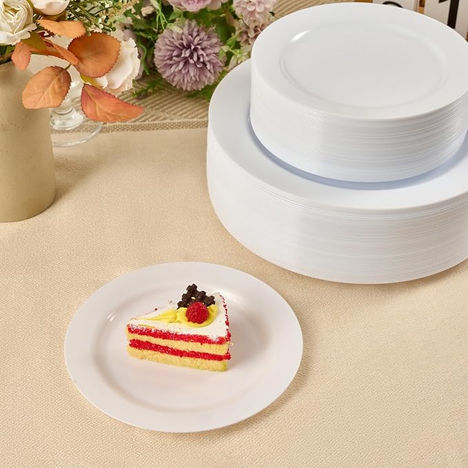 FOCUSLINE 100 Count White Plastic Dessert Plates 7 Inch, Disposable Heavy Duty Plastic Plates for Weddings, Parties and Events
