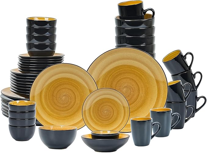 Stoneware Sonoma Dinnerware Set, Black + Speckled Spin Wash (56pc Set, Yellow)