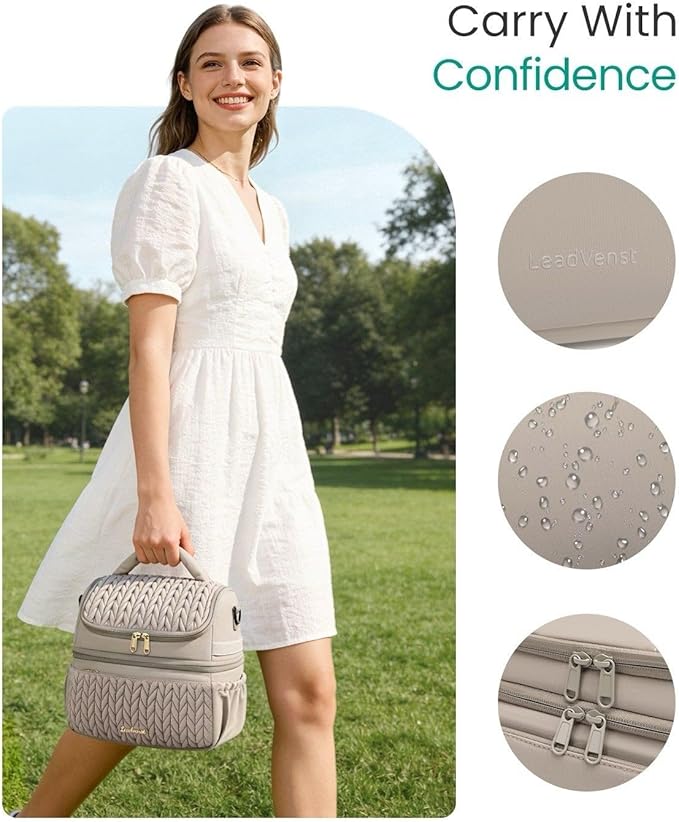 Leadvenst Lunch Bag Women Men, Double Deck Insulated Lunch Box, Large Capacity 12L with Detachable Divider for Tall Item, Leakproof, Durable & Reusable Cooler Bag For Work Picnic Travel, Quilted Khaki