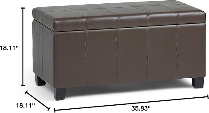 SIMPLIHOME Dover Storage Ottoman Bench - 36 inch Wide Upholstered Vegan Leather Rectangular Lift-Top Ottoman in Chocolate Brown, Contemporary Bench for Living Room with Safety Hinges