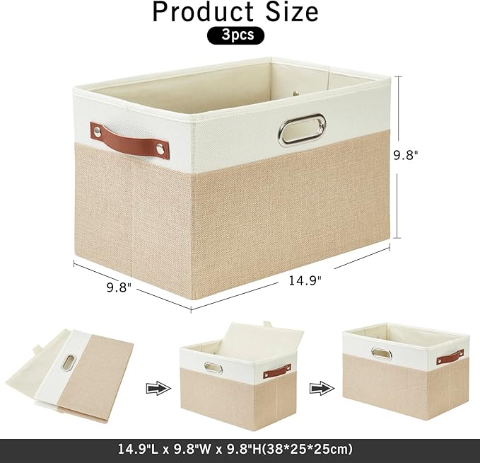 Bagnizer Large Collapsible Fabric Storage Bins with 3 Handles, Foldable Organizer Baskets for Closet, Shelves, Living Room | 3 Pack, Durable PU & Metal Handles (14.9"x9.8"x9.8", Beige & White)