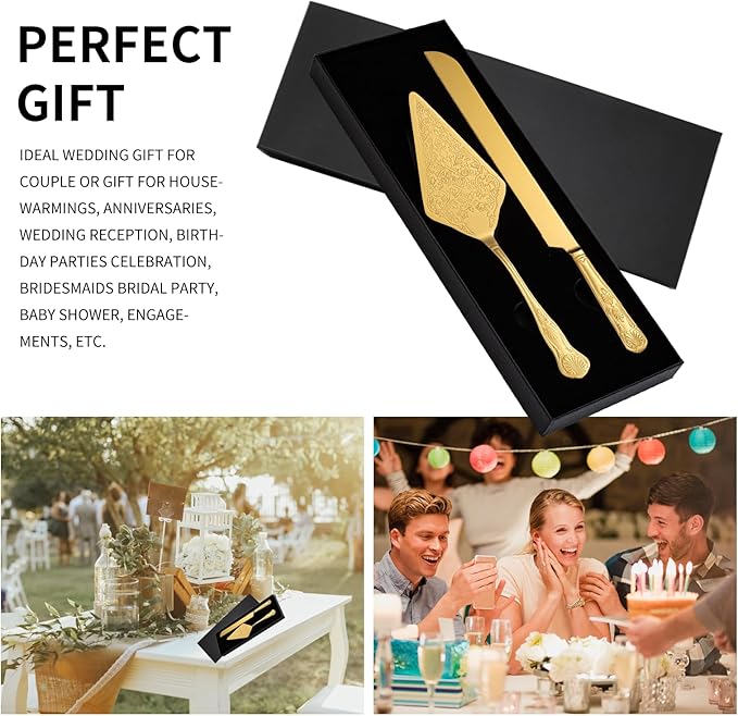 Vintage Wedding Cake Knife and Server Set, Stainless Steel Cake Pie Pastry Cutting Knife & Serving Spatula Set, Premium Party Supplies for Wedding, Birthday, Anniversary & Events, Gold