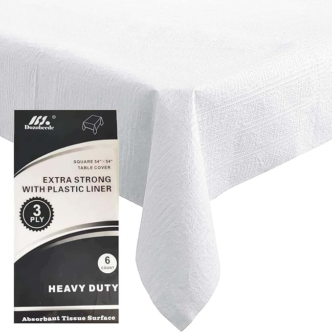 [6 Pack] White Square Tablecloths 54x54 Inch, Disposable Paper Table Cloth for Square and Round Tables, Waterproof 3-Ply Paper & Platic Table Cover for Valentine's Day Wedding Bar/Bat Mitzvah