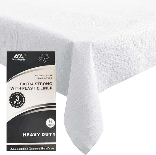 [6 Pack] White Square Tablecloths 54x54 Inch, Disposable Paper Table Cloth for Square and Round Tables, Waterproof 3-Ply Paper & Platic Table Cover for Valentine's Day Wedding Bar/Bat Mitzvah