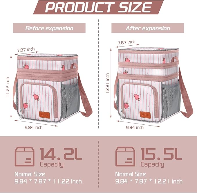 ZRSUN Insulated Lunch Bag for Women Men, Reusable 3 Layers Lunch Box Women, Expandable Reusable Water-resistant Lunch Box for Work Travel Office Picnic Hiking (Pink)
