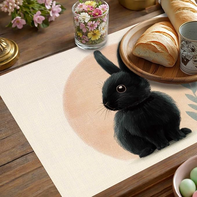Jauageon Black Bunny Rabbit Placemat Set of 4 Spring Summer Placemats Seasonal Eucalyptus Table Mats for Indoor Outdoor Home Kitchen Dining Decor Party Farmhouse Burlap Table Mats 12x18 Inch