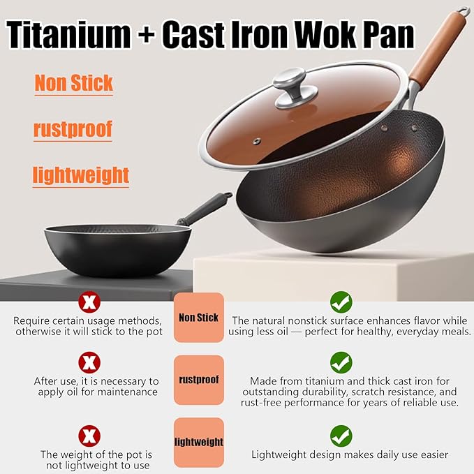 Titanium Hammered Wok with Lid, Pre-Seasoned Cast Iron Nonstick Stir-Fry Pan, Flat Bottom Wok, Scratch-Resistant Non Stick Titanium Pans for Cooking,12.6IN
