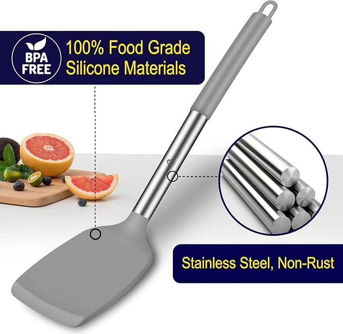 HOTEC Silicone Spatula Set of 2 Heat-Resistant 600째F & BPA-Free Kitchen SaptulaTurner with Stainless Steel Handles, Slotted & Solid Spatulas for Nonstick Cookware, 13.7 Inch, Grey