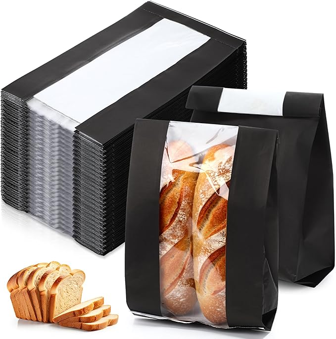 Domensi 450 Pcs Paper Bread Bags for Homemade food 13.7 x 8.2 x 3.5 Inch Large Paper Bakery Bag with Window Sourdough Bread Bags for Baked Food Packaging Storage (Black)