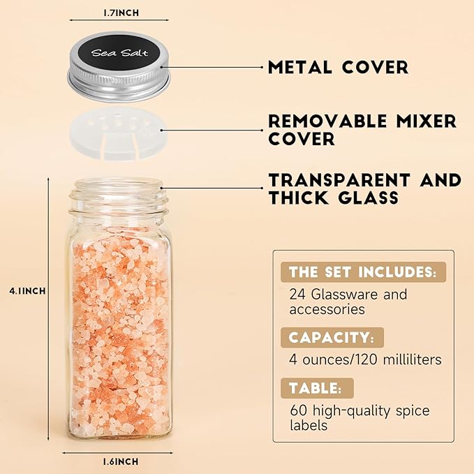 DIDITIME Spice Rack Organizer ??24 Glass Jars, 60 Labels & Marker, Space-Saving Kitchen Countertop, Cabinet & Wall Rack