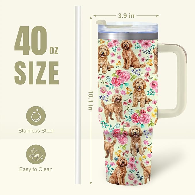 Yogusut Goldendoodle Gifts for Women, 40oz Stainless Steel Insulated Tumbler Travel Mug Cup with Handle Straw, Gifts for Dog Mom Dog Lover
