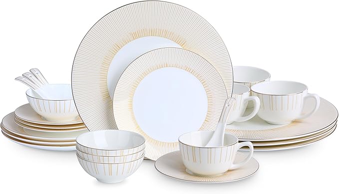 24 Piece White Porcelain Dinnerware Set for 4, Sunburst Design Plates and Bowls Sets with Gold Rim,Highly Chip and Crack Resistant | Dishwasher Safe Dishes Set