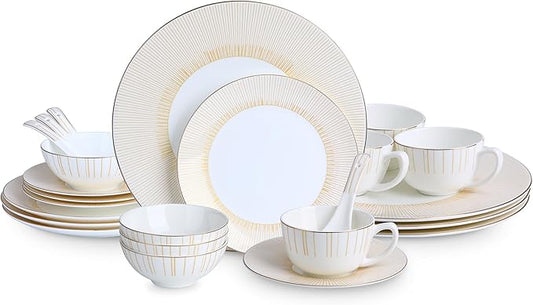 24 Piece White Porcelain Dinnerware Set for 4, Sunburst Design Plates and Bowls Sets with Gold Rim,Highly Chip and Crack Resistant | Dishwasher Safe Dishes Set