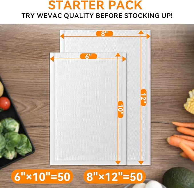 Wevac Vacuum Sealer Bags ??100 Count (6?냉?0??& 8?냉?2??, Heavy-Duty BPA-Free Food Storage Bags, Puncture-Resistant, Freezer & Sous Vide Safe, Compatible with All Vacuum Sealers