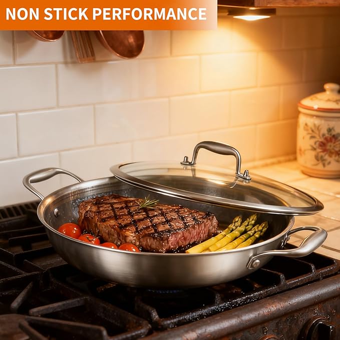 DELARLO Wok Pan With Lid 12 Inch Non stick wok,Oven Safe Up to 600??Woks & Stir-Fry Pans Nonstick,Tri-Ply Stainless Steel Wok, 5QT Nonstick Deep Frying Pan, Induction Saute Pan With Lid