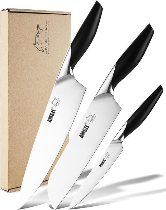 Chef Knife Set 3-Piece, German 1.4116 Steel Chef Santoku & Utility Knives, Full Tang ABS Handle - Professional Kitchen Knife Set for Meat and Vegetable Preparation