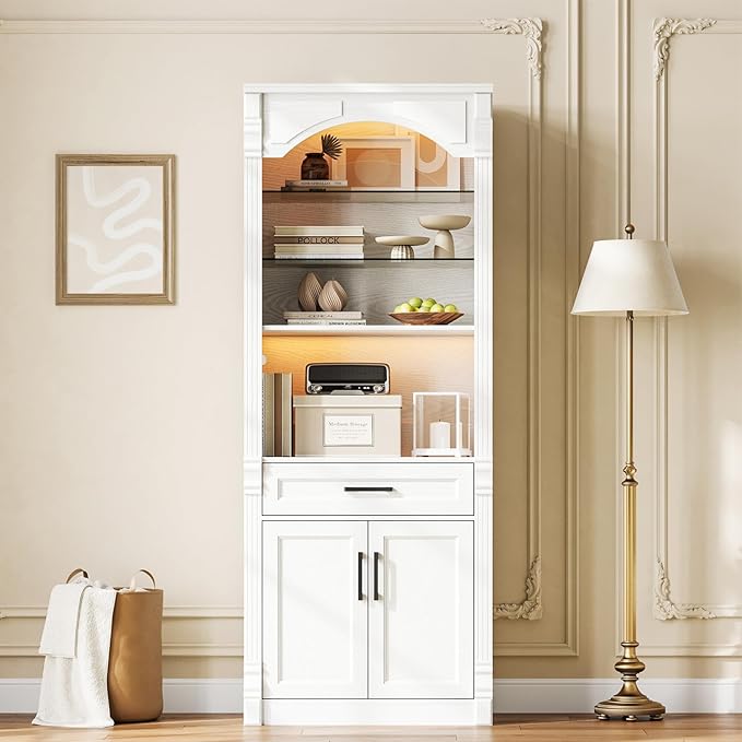 Rresyet 70.9" Tall Kitchen Pantry Storage Cabinet, Modern Kitchen Hutch Bar Cabinet with Lights, Freestanding Food Pantry with Adjustable Shelves and Drawer (White)