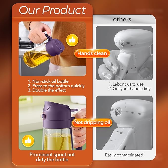 YARRAMATE 16oz/470ml Glass Olive Oil Sprayer for Cooking with Stickers, 2 in 1 Oil Dispenser for Kitchen Gadgets, Food Grade Premium Spray Bottle with Portion Control for Salad, BBQ (Purple)