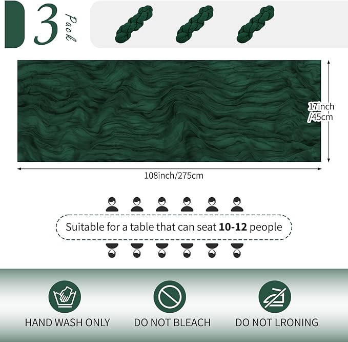 RealBox 3 Pack Emerald Green Cheesecloth Table Runner 17x108 Inch Semi Sheer Boho Gauze Cheese Cloth Fabric Table Runners Table Decor for Wedding Party Baby Shower Birthday Home Decor Garden Farmhouse