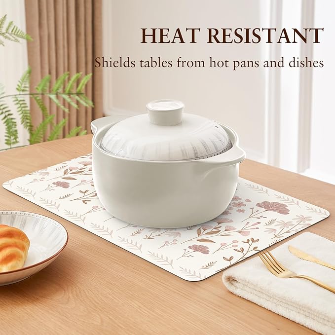 QIYI Placemats Set of 6, 12x18 Inch Faux Leather Place Mats for Kitchen Dinning, Heat Resistant Anti Slip Floral Table Mats, Waterproof Wipeable Washable Placemat Party Beige Table D챕cor, Pink Flowers