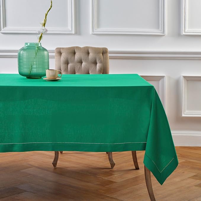 Solino Home Linen Tablecloth 60 x 90 Inch - Classic Hemstitch 100% Pure Linen Emerald Green Table Cloth for Rectangle Tables - Machine Washable Tablecloth for St Patricks Day