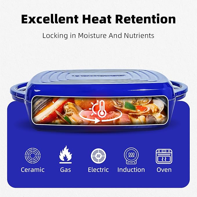 2-in-1 Square Enameled Cast Iron Dutch Oven 7QT Baking Pan and Gridle Lid with Dual Handles, Cast Iron Skillet lid, Coating Gridle for Baking, Braising and Grilling - Blue