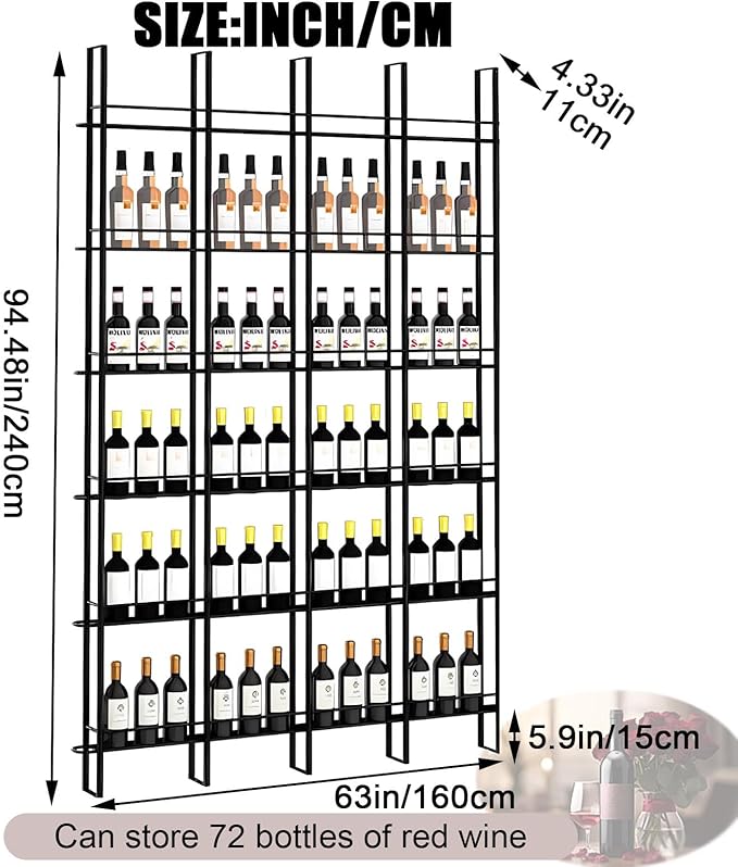 4 Columns Wine Rack Wall Mounted, 94.48in High Metal Wine Bottle Holder, Floor to Ceiling Wine Storage竊똗se as One or Three, DIY Display, for Restaurant, Bar, Cellar (Black, 4 Columns)
