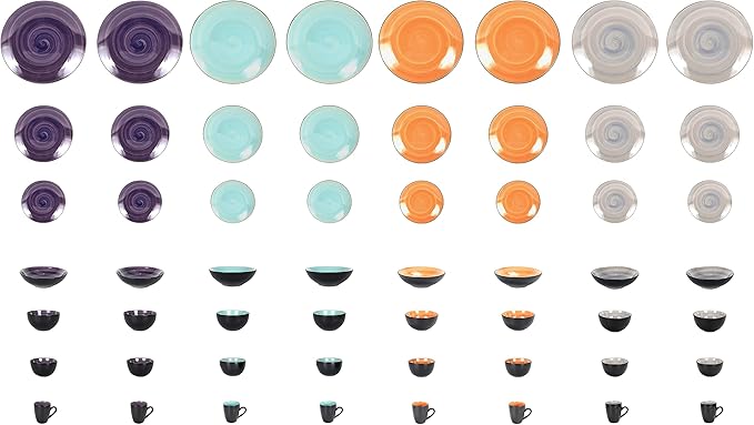 Stoneware Sonoma Dinnerware Set, Black + Speckled Spin Wash (56pc Set, Mix Grey, Orange, Purple, Turquoise)