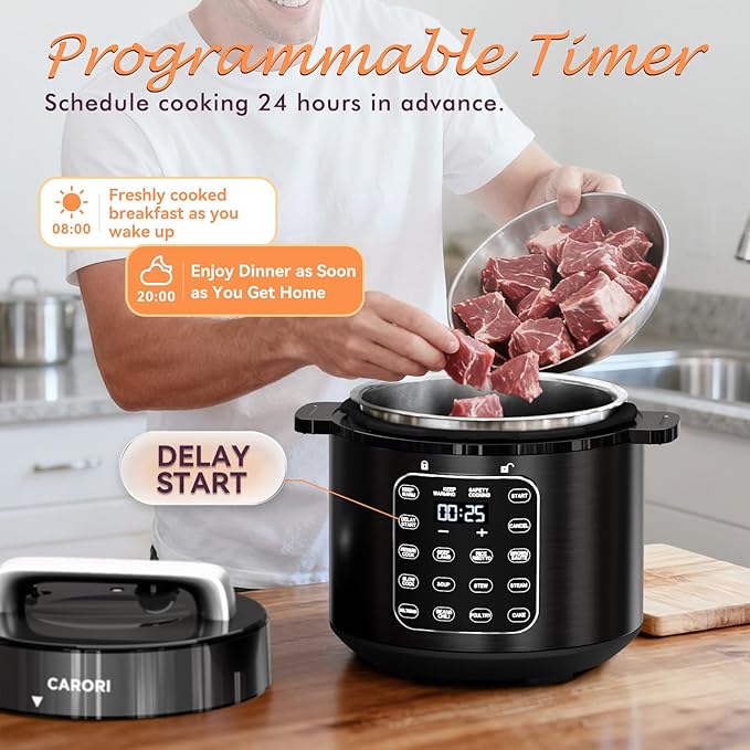 9-in-1 Electric Pressure Cooker 6 Quart Black, Stainless Steel Pot, 12 Preset Functions with Touchscreen, Safe Steam Release, Stew, Slow Cook, Rice, Saut챕, Warmer