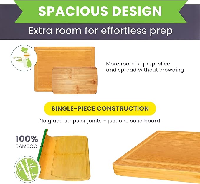 Bamboo Cutting Board ??15 Inch Wood Cutting Boards for Kitchen with Glue-Free Surface??& Juice Groove ??Non-Toxic, FSC-Certified, Durable Wooden Chopping Board - Rectangle
