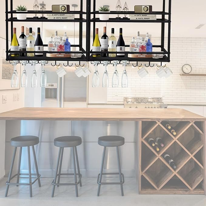 Ceiling Wine Glass Rack, Hanging Wine Display Shelf 2-Tier, Bar Liquor Storage Shelf for Bar Cafe Kitche, Metal Wine Bottle, Goblet Stemware Rack (Gold, 39.37x39.37x11.81in)