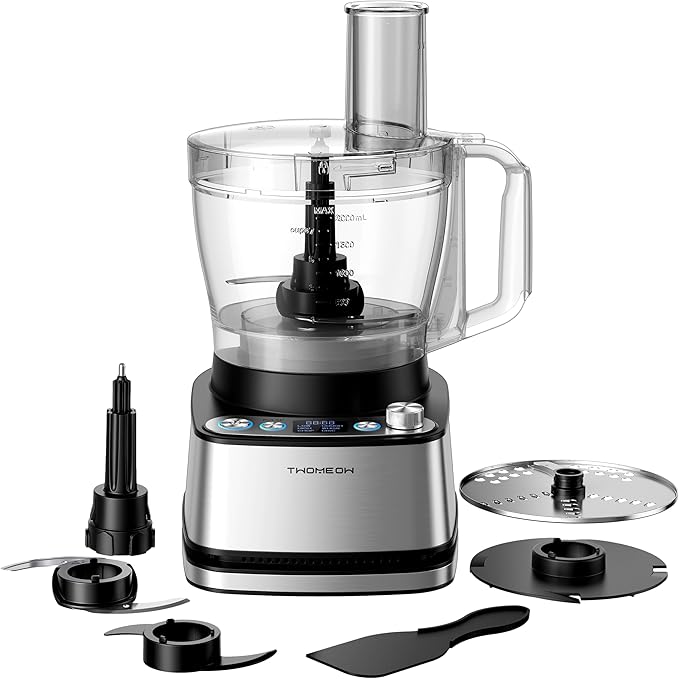 TWOMEOW Food Processor, 4 Programs & Pulse,1000W Max Power,12 Cups Total Volume for Slicing, Mincing, Dicing, Shredding, Puree, Dough and Vegetable Chopper Clean Bowl Scraper, Stainless Steel