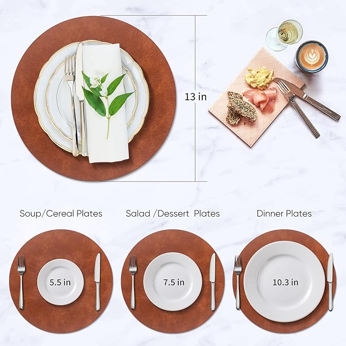 ADRIMER Placemats, Heat Resistant Round Placemats Set of 6 Washable, Waterproof Table Mats, Wipeable Faux Leather Place Mats for Kitchen, Dining Room, Dark Brown