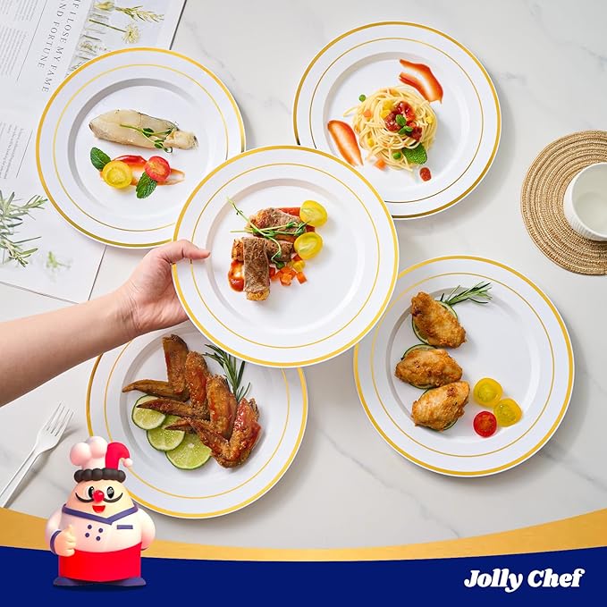JOLLY CHEF 200 Pieces Gold Plastic Plates, 10 Inch Elegan Disposable Plates White Plate with Gold Rim,Plastic Plates for Christmas?갃irthdays and Weddings