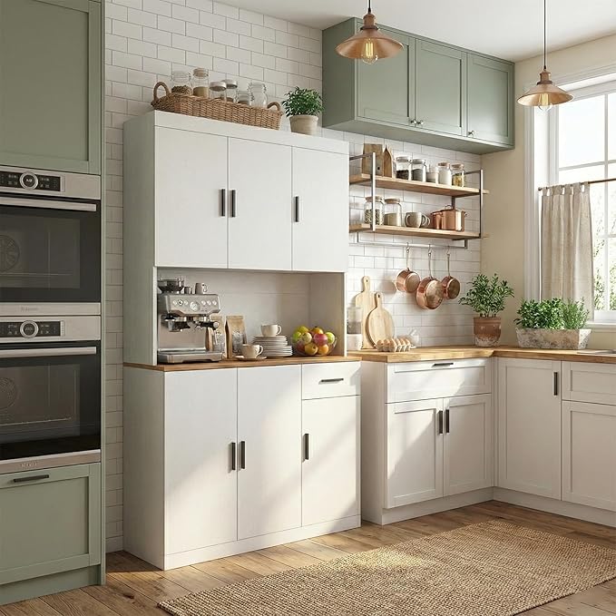 71 Inch White Pantry Cabinet with Power Outlet, Heavy-Duty Freestanding Kitchen Storage Organizer with Reinforced Frame, Pantry Hutch for Kitchen, Dining Room, Laundry Room | Extra-Wide, Heavy-Duty, Sturdy, Freestanding Storage, Reinforced Frame, Large