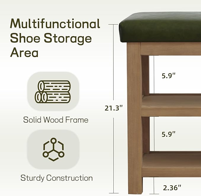 Zihanhome Shoe Rack Bench with Leather Cushion, 2 Tier Solid Wood Storage Bench, Mid-Century Modern Shoe Bench for Entryway, Hallway, Closet, Front Door Entrance, Foyer (Green, 39.4")