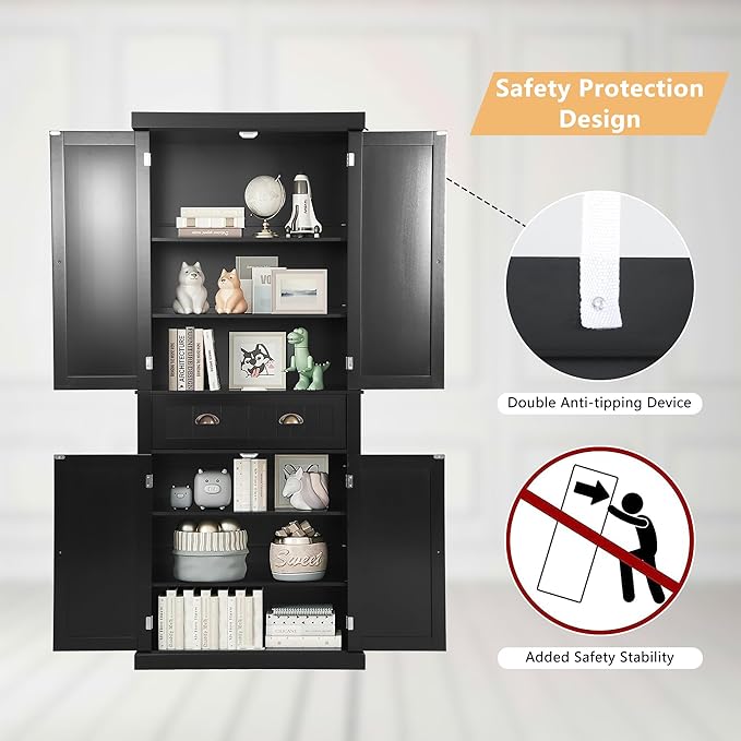 KIGOTY 72" Tall Kitchen Pantry Cabinet with Drawer and 4 Adjustable Shelves, Freestanding Pantry Storage Cabinets, Wood Cupboard Pantry Cabinet for Kitchen, Dining Room, Living Room, Black