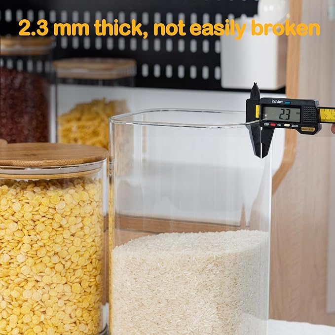 52oz Airtight Glass Square Storage Canister with Bamboo Lid Set of 3 (1550ml) Container Stackable Spice Jar, Kitchen Canister for Flour, Cookies, Cereal and Coffee beans (?럚ith Black Lable)