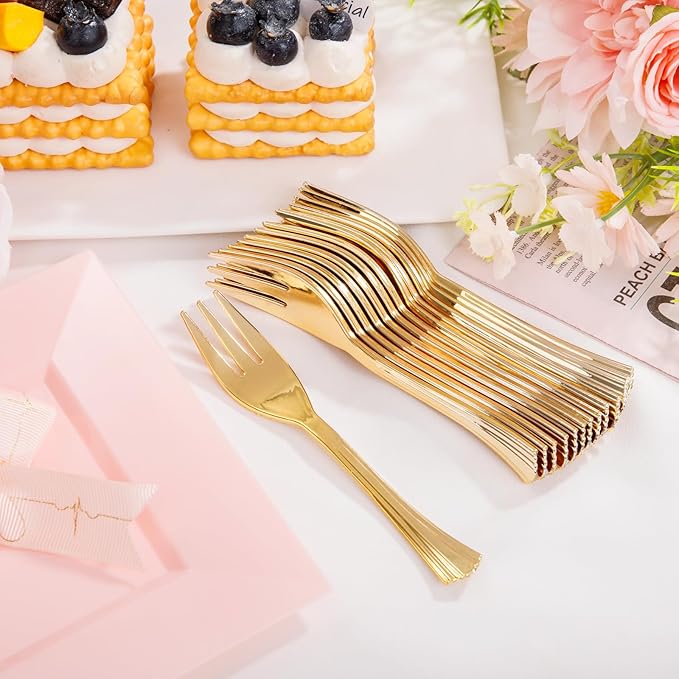 supernal 200pcs Square Pink Dessert Plates with Gold Plastic Forks,Appetizer Pink Plate Disposable with 100 Square Dessert Plates 6" and 100 5" Gold Forks Perfect Valentine Day Birthday Wedding