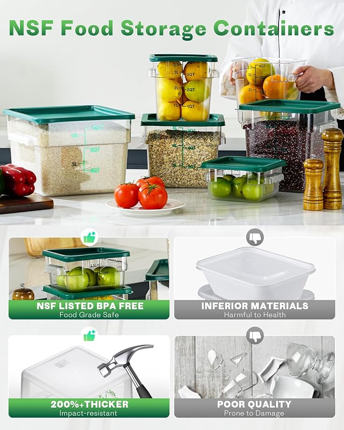 12QT NSF Food Storage Containers: 2 PCS [Food Grade][Hot&Cold Resistant] Commercial Clear Square Food Storage Containers with Scales Handles for Home Restaurant Kitchen Proof Dough(BPA FREE-GREEN N1)