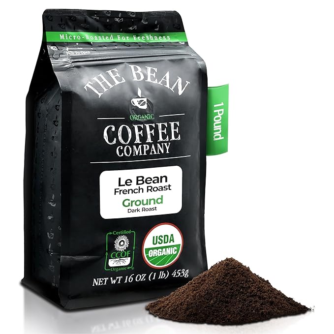 The Bean Organic Coffee Company Le Bean, Dark French Roast, Ground Coffee, 16-Ounce Bag,Caf챕 molido tostado organico
