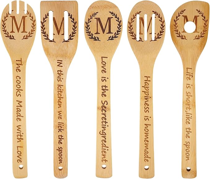 5PCS Initial Wooden Cooking Spoons Initial Letter Kitchen Decor Gifts Personalized Monogrammed Birthday Gifts for Women Mom Friend Housewarming Wedding Bamboo Cooking Spoons