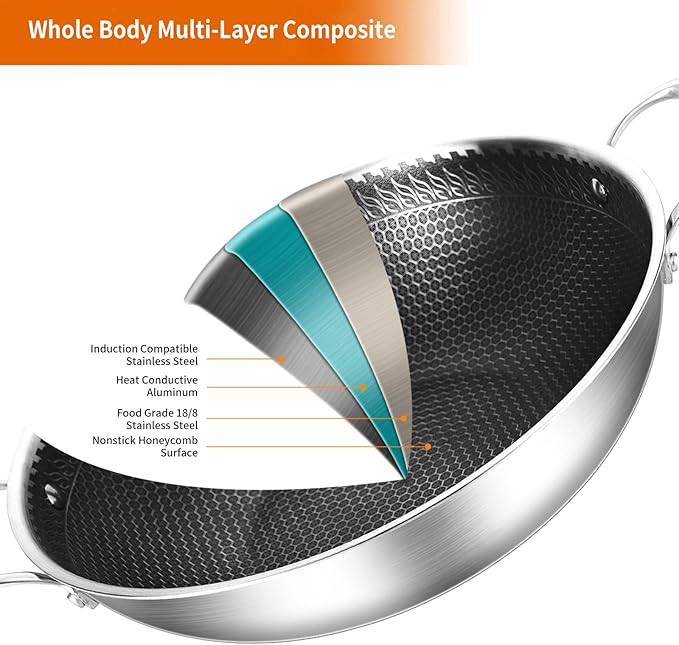 DELARLO Tri-Ply Stainless Steel Wok 13in Nonstick Deep Wok Pan with Lid,Stir-Fry Pans,5.5QT Cooking Pot induction Large woks,Compatible with All Cooktops Up to 550째F(Double Handle)