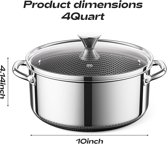 Hybrid Nonstick 4-Quart Stockpot,9.5 Inch Stainless Steel Stockpot with Glass Lid,PFAS PFOA PTFE Free, Dishwasher-Friendly,Oven-Safe Up to 600째F,Non-stick Soup Pot Compatible with All Cooktops