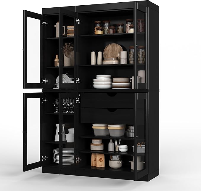 Palace Imports 100% Solid Wood 48.5" Pantry China Cabinet with Clear Glass Doors, 2-Drawers and Adjustable Shelves (Black)
